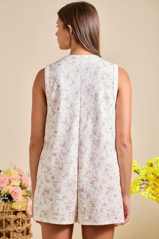 Ivory Floral Tie Front Sleeveless Romper
