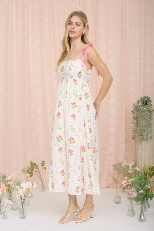 Floral Tile Pattern Scalloped Tie Strap Midi Dress