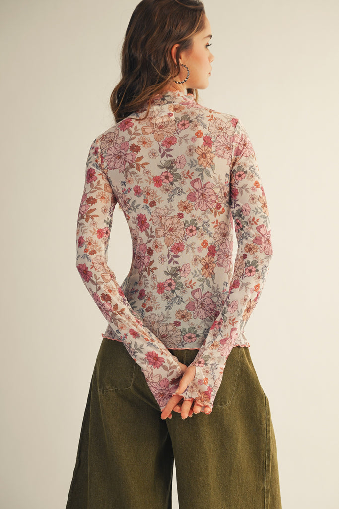 Mesh Floral Thumb Hole Top