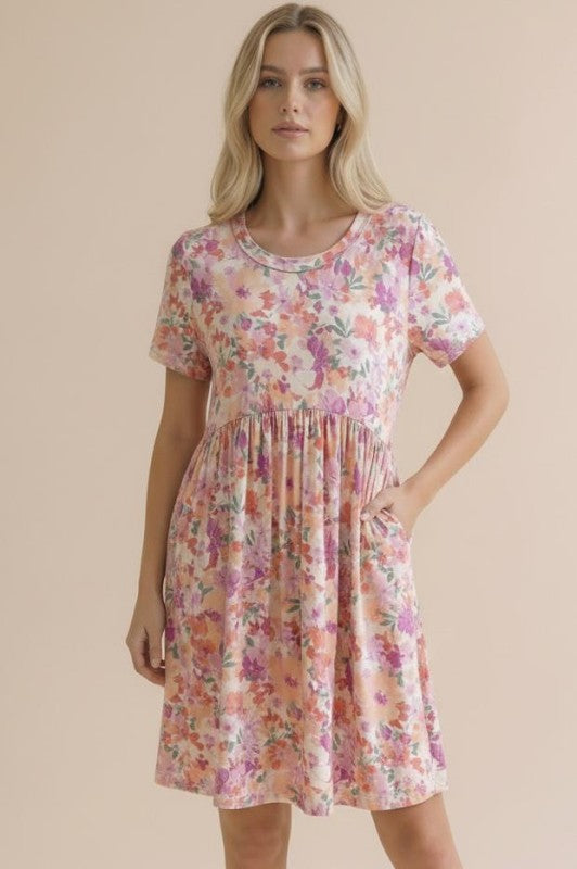 Round Neck Short Sleeve Babydoll Floral Dress