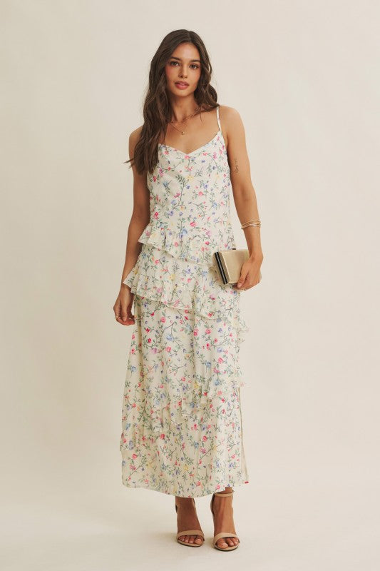 Floral Fantasy Asymmetrical Ruffled Maxi Dress