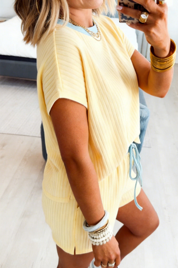 Soft Ribbed Color Block Trim Casual Short Set
