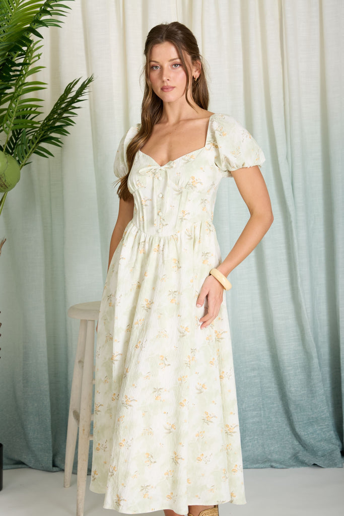 Floral Sweetheart Puff Sleeve Corset Midi Dress