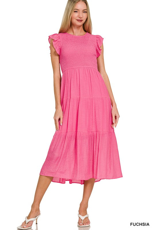 Woven Smocked Ruffle Sleeve Midi Dress