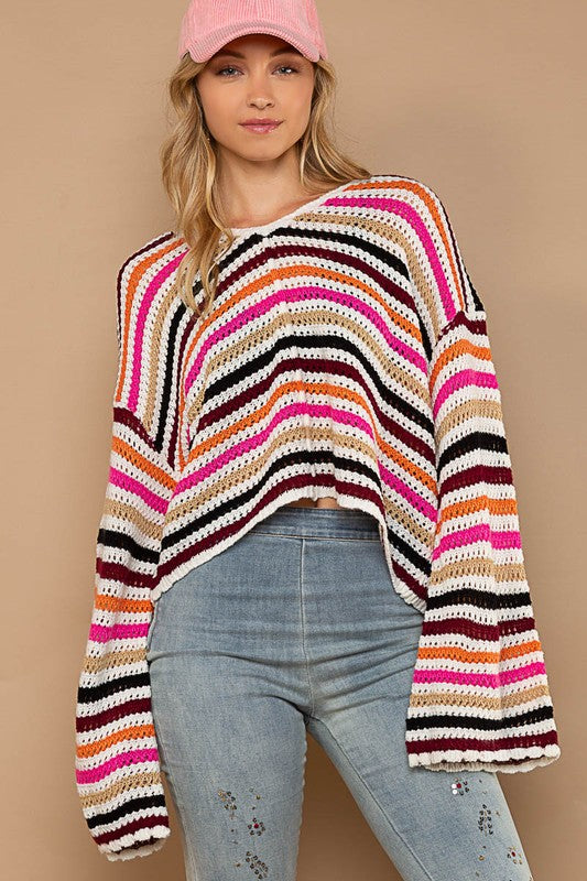 V-neck hooded multi color stripe pullover sweater