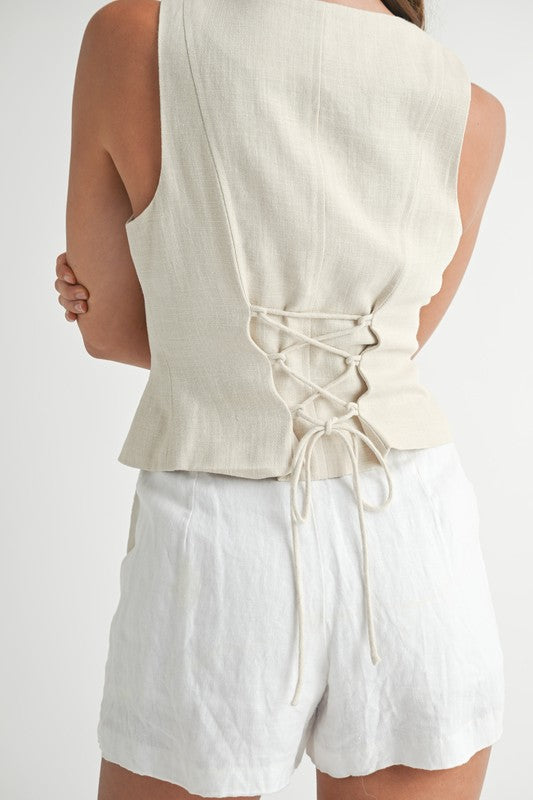 Linen Front Button Front Back Lace Up Vest