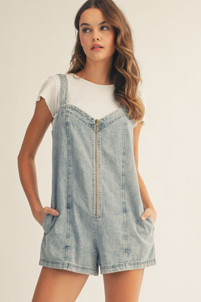 Retro Vintage Faded Washed Zip-up Denim Jumpsuit