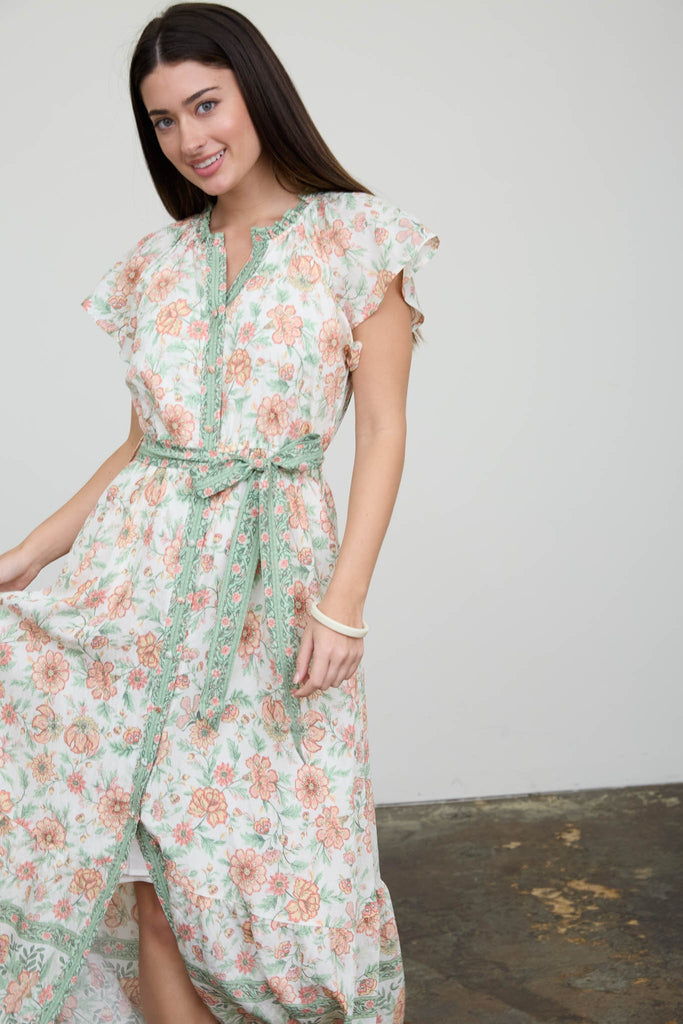Floral Border Print Belt Strap Midi Dress Floral Border Print Belt Strap Midi Dress