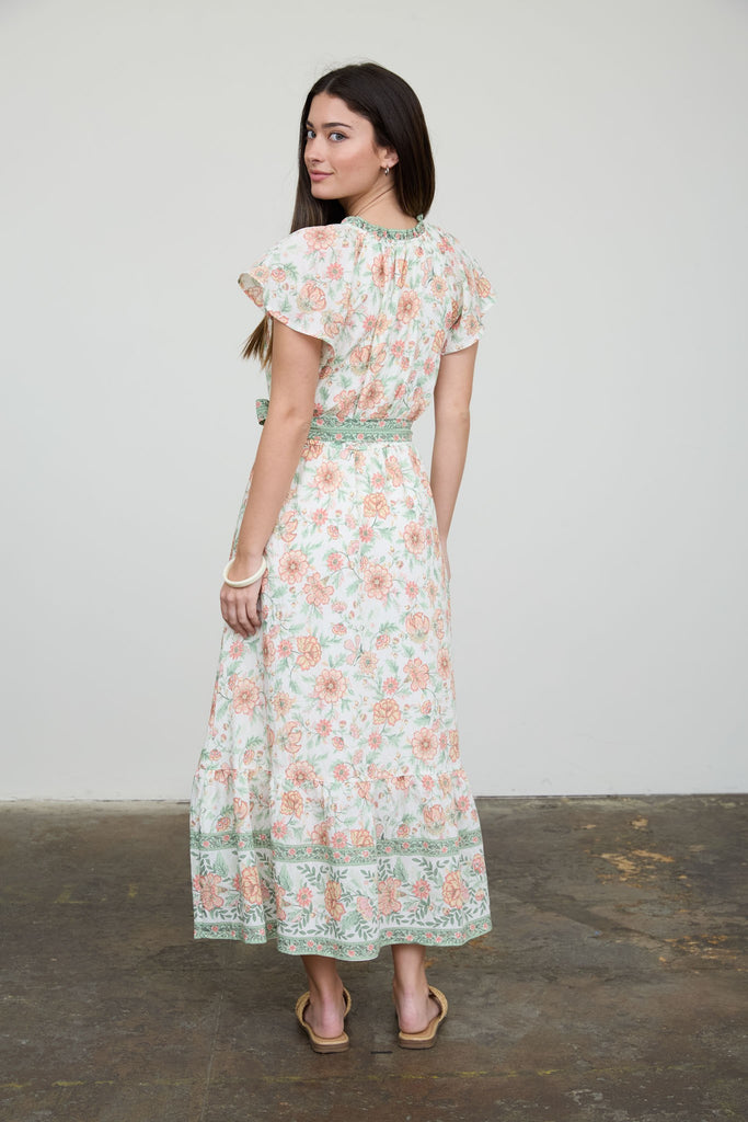 Floral Border Print Belt Strap Midi Dress Floral Border Print Belt Strap Midi Dress