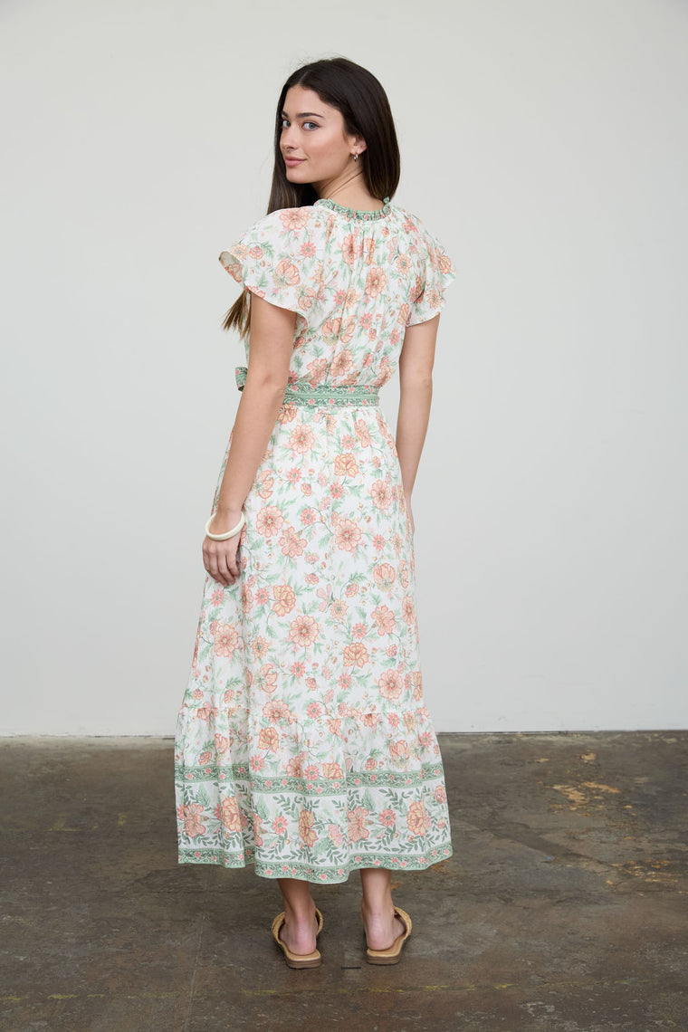 Floral Border Print Belt Strap Midi Dress Floral Border Print Belt Strap Midi Dress