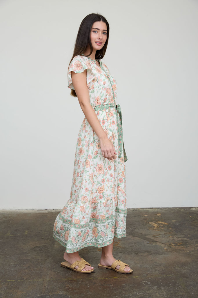 Floral Border Print Belt Strap Midi Dress Floral Border Print Belt Strap Midi Dress