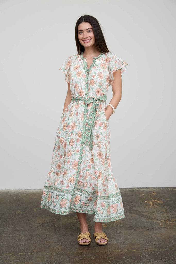 Floral Border Print Belt Strap Midi Dress Floral Border Print Belt Strap Midi Dress