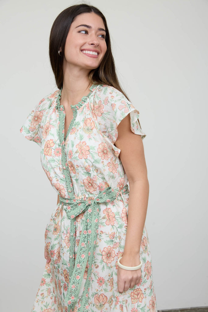 Floral Border Print Belt Strap Midi Dress Floral Border Print Belt Strap Midi Dress