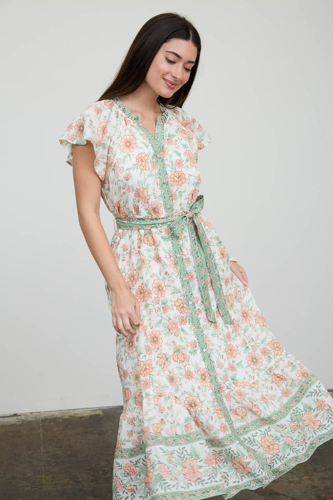 Floral Border Print Belt Strap Midi Dress Floral Border Print Belt Strap Midi Dress