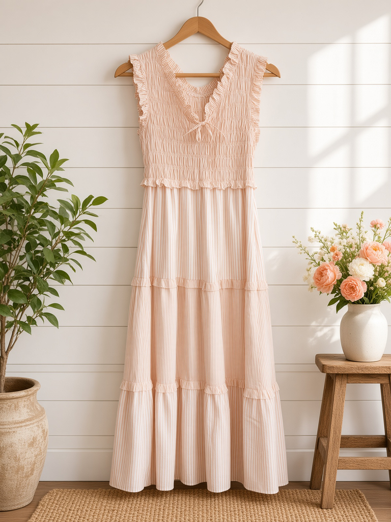 Uplifting Mixed Stripe Smocked Midi Dress