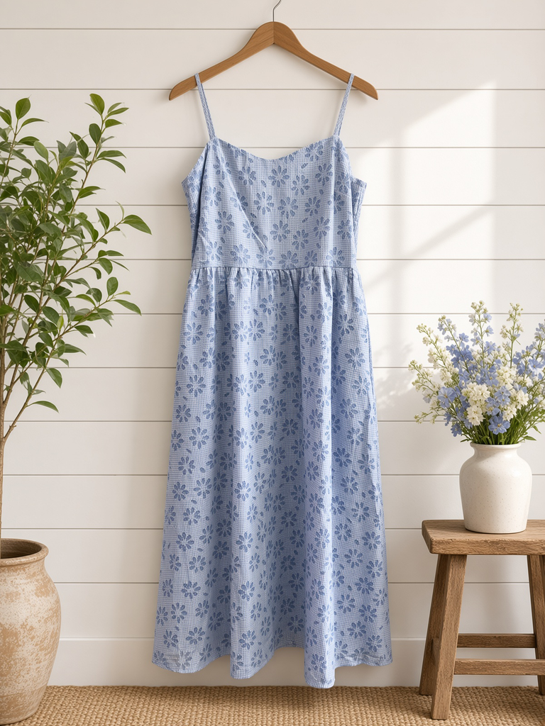 Sweetheart Floral Laser Cut Gingham Midi Dress