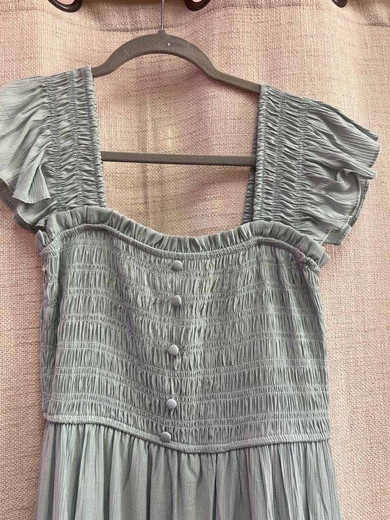 Mock Button Down Smocked Ruffle Detail Midi Dress