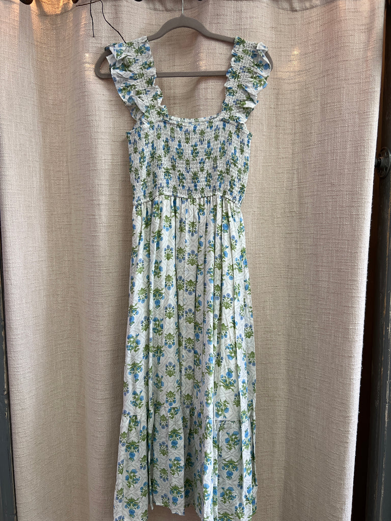Floral Tile Pattern Smocked Sleeveless Midi Dress
