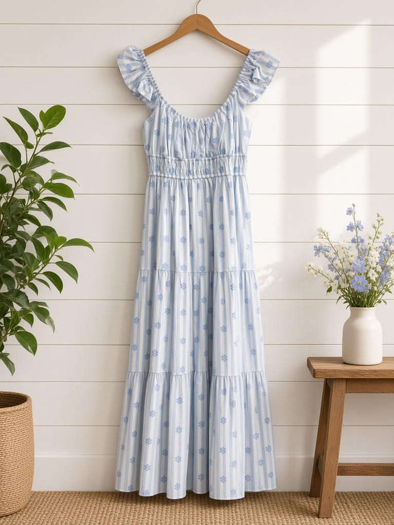 Stripe Floral Flounce Strap Tiered Midi Dress