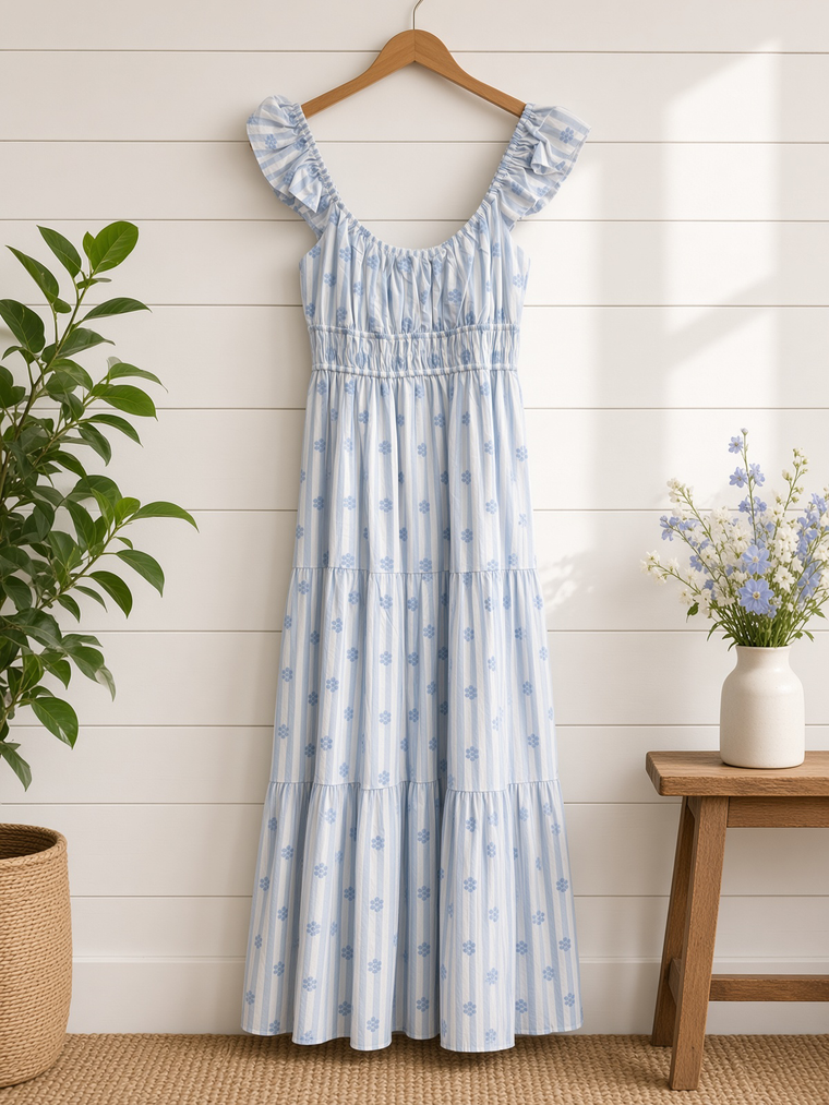 Stripe Floral Flounce Strap Tiered Midi Dress
