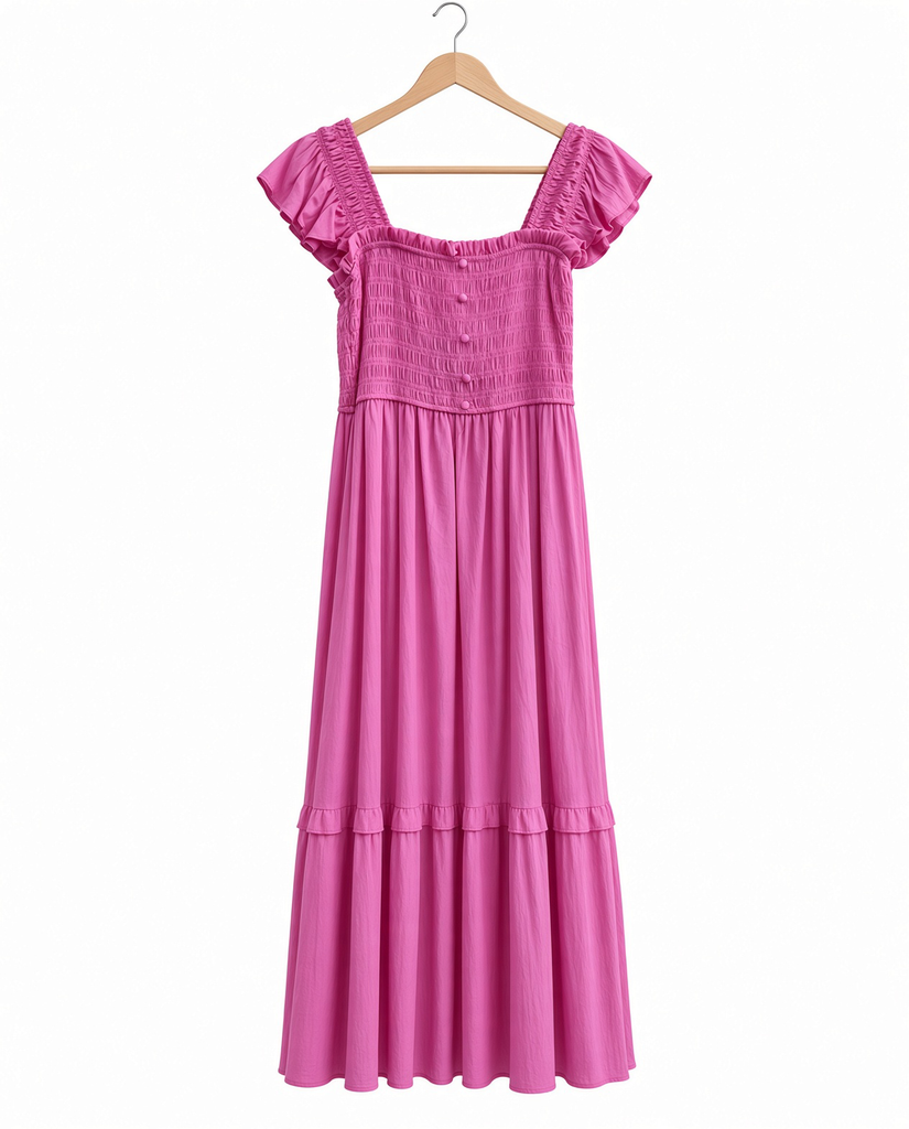 Mock Button Down Smocked Ruffle Detail Midi Dress