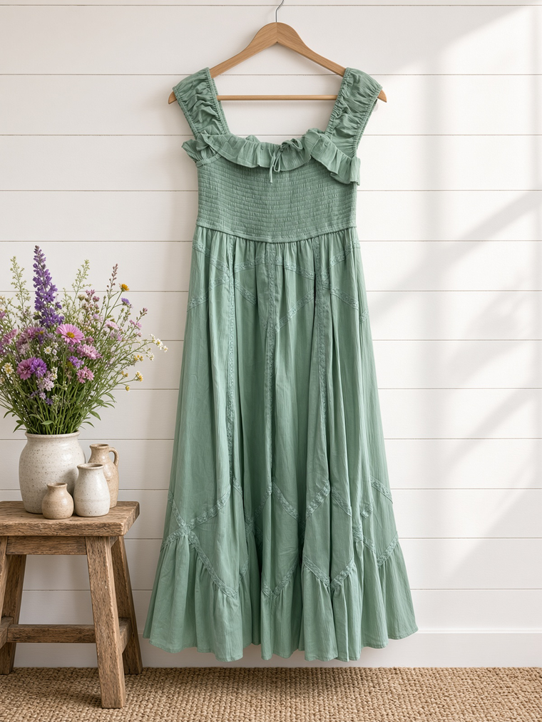 Smocked Maxi With Lace Trim Detail