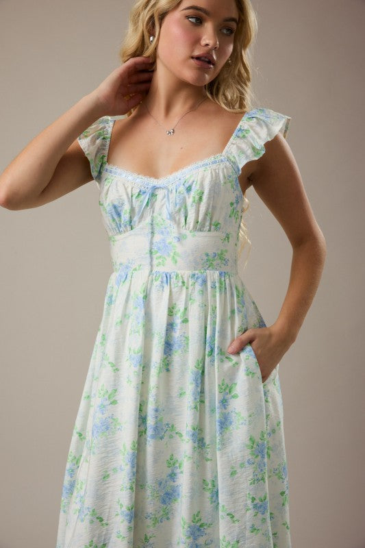 Short Flutter Sleeve Midi Dress With Floral Print