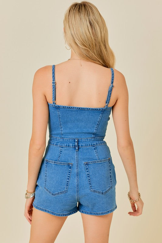 CAMI DENIM ROMPER WITH BUTTON FRONT AND POCKET