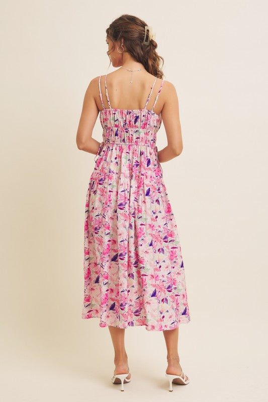 Vibrant Floral Print Ruching Cami Midi Dress