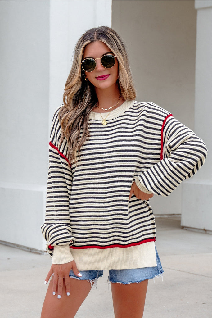 Stripe Ribbed Trim Drop Shoulder Oversized Sweater