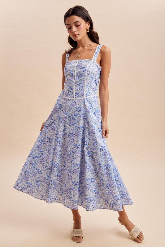 Contrast Piped Floral Maxi Dress