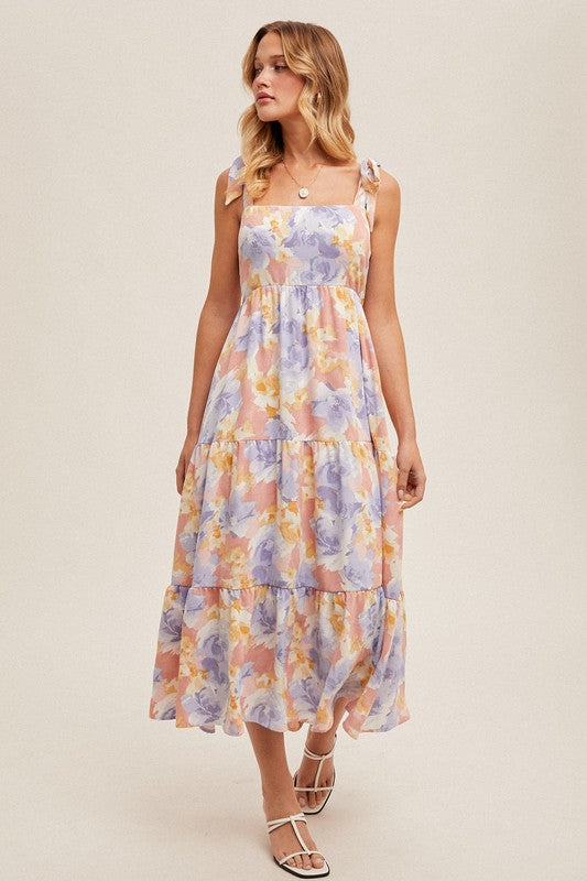 Tie Strap Tiered Midi Floral Dress