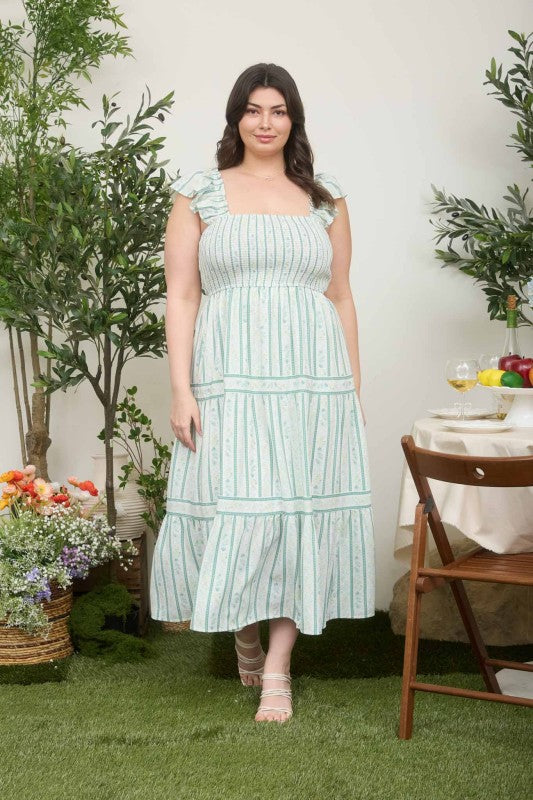 Plus Stripe Floral Smocked Tiered Midi Dress