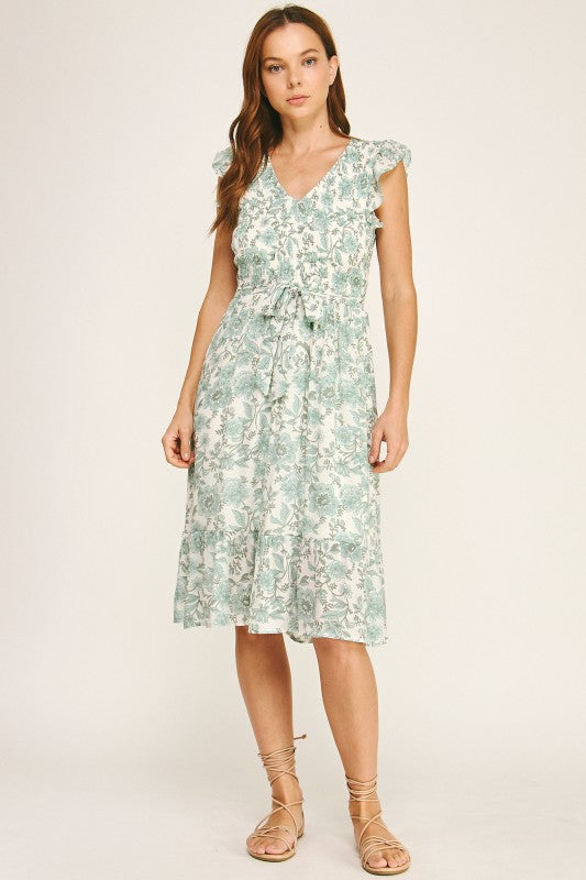 Smocked Flutter Sleeve Floral Midi Dress