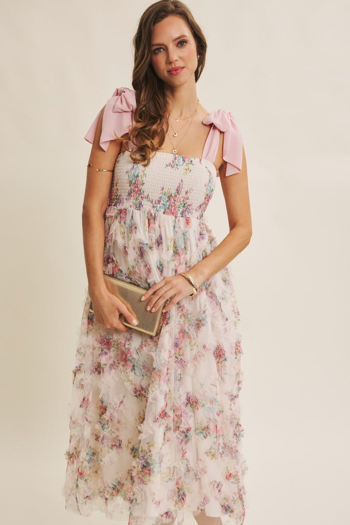Textured Floral Smocked Midi Dress Tie Straps
