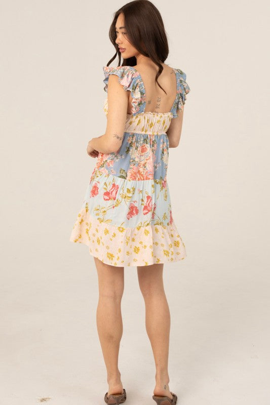 Mix Print Flutter Sleeve Tierd Short Dress