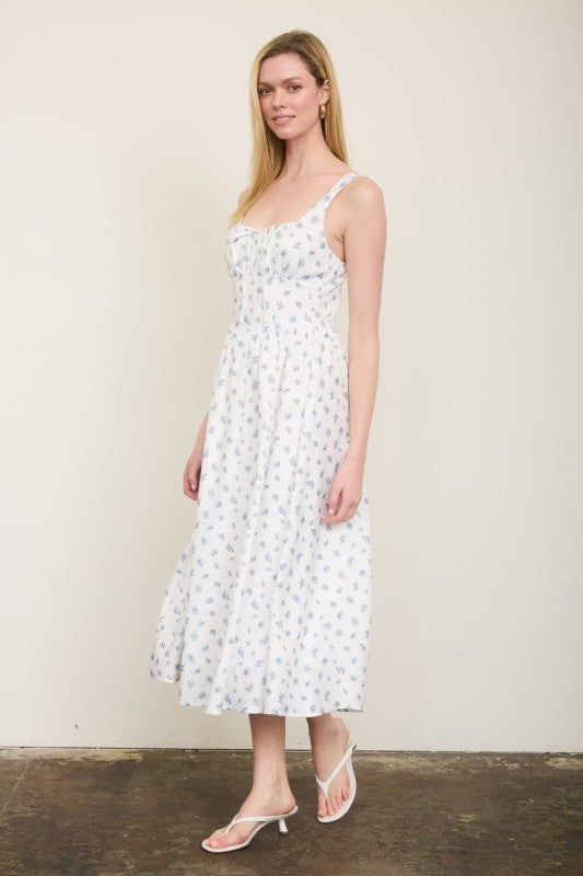 Floral Sleeveless Front Tie Corset Midi Dress
