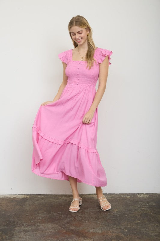 Mock Button Down Smocked Ruffle Detail Midi Dress