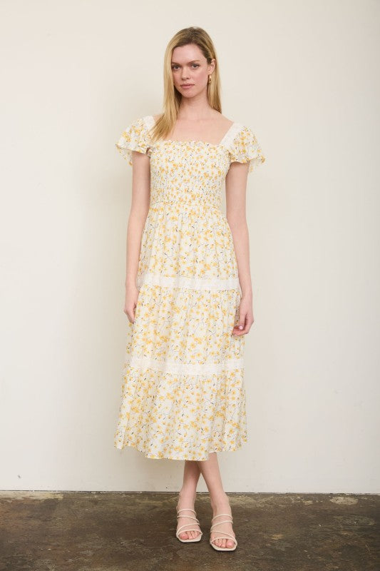 Floral Lace Trim Smocked Tiered Midi Dress