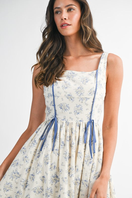 Floral Print Square Neck Contrast Pipinig Dress