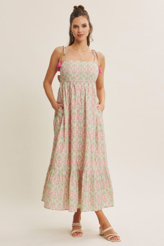 Garden Floral Open-back With Bow Cotton Midi Dress