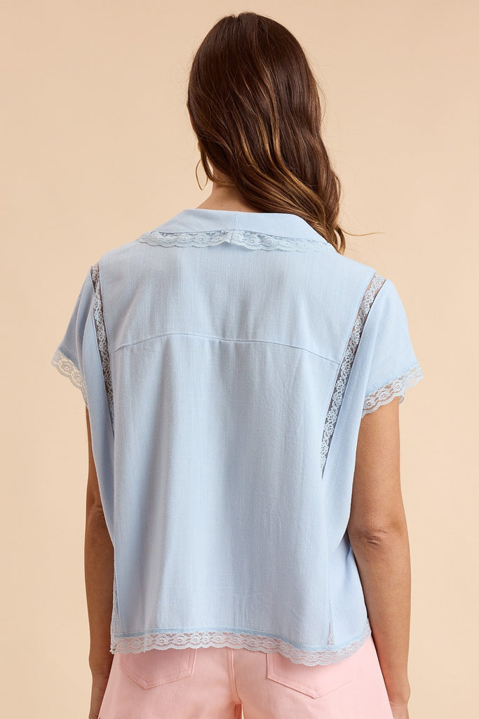 Linen Tie- Front Oversized Top With Lace Accent
