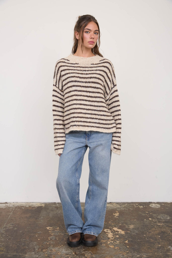 Stripe Rolled Edge Detail Long Sleeve Knit Sweater