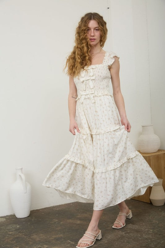 Ditsy Floral Front Bow Smocked Tiered Midi Dress