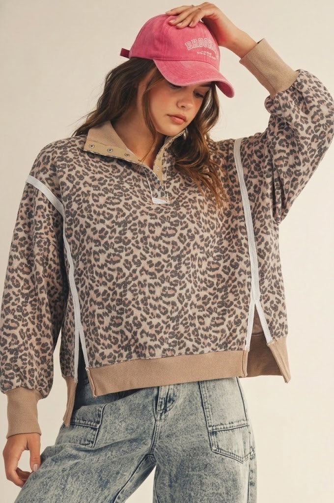 Leopard Untamed Signature Button Collar Pullover