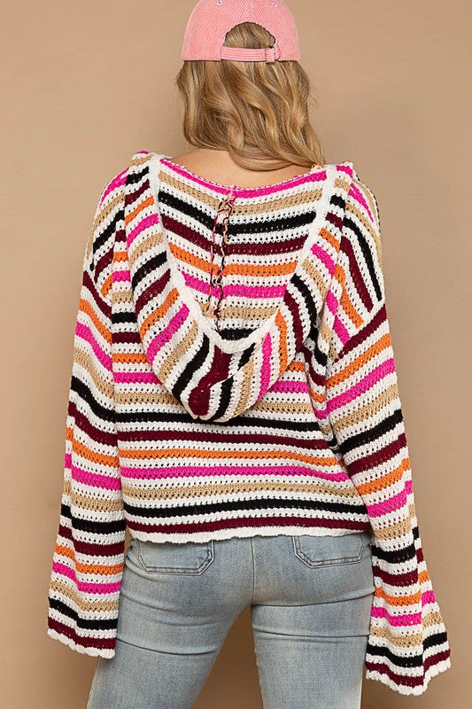 V-neck hooded multi color stripe pullover sweater