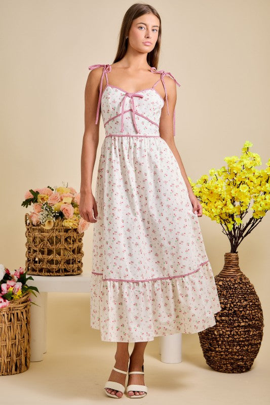 Pink Floral Tie Strap Midi Summer Sundress
