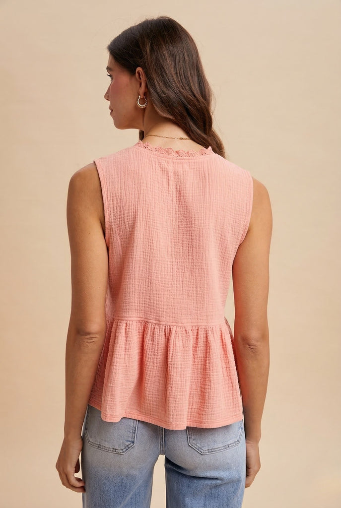 Sleeveless Button Front Top With Lace Trimmed