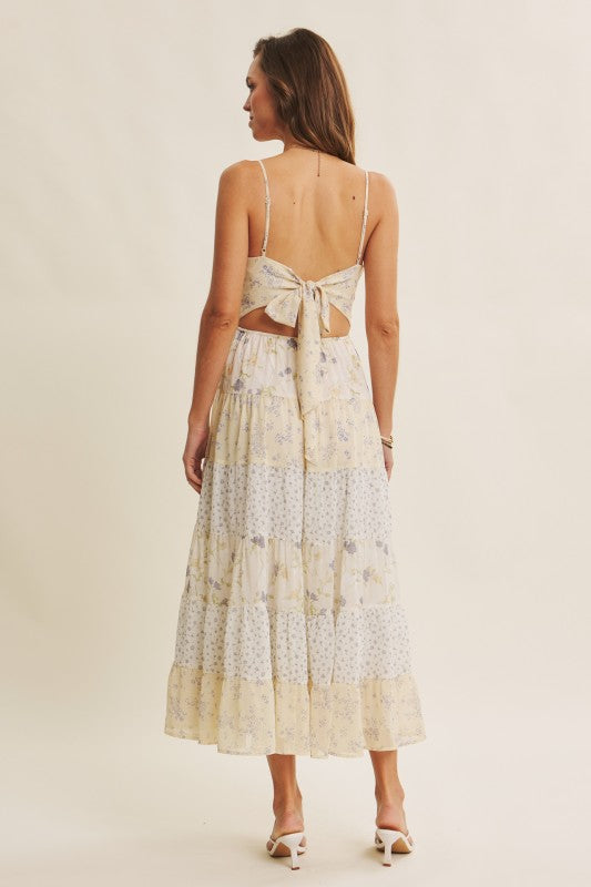Meadow-inspired Mixed Floral Bow-back Midi Dress