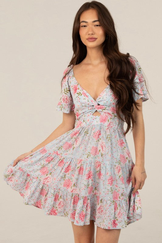 V Neck Twist Front Cut Out Short Sleeve Dress